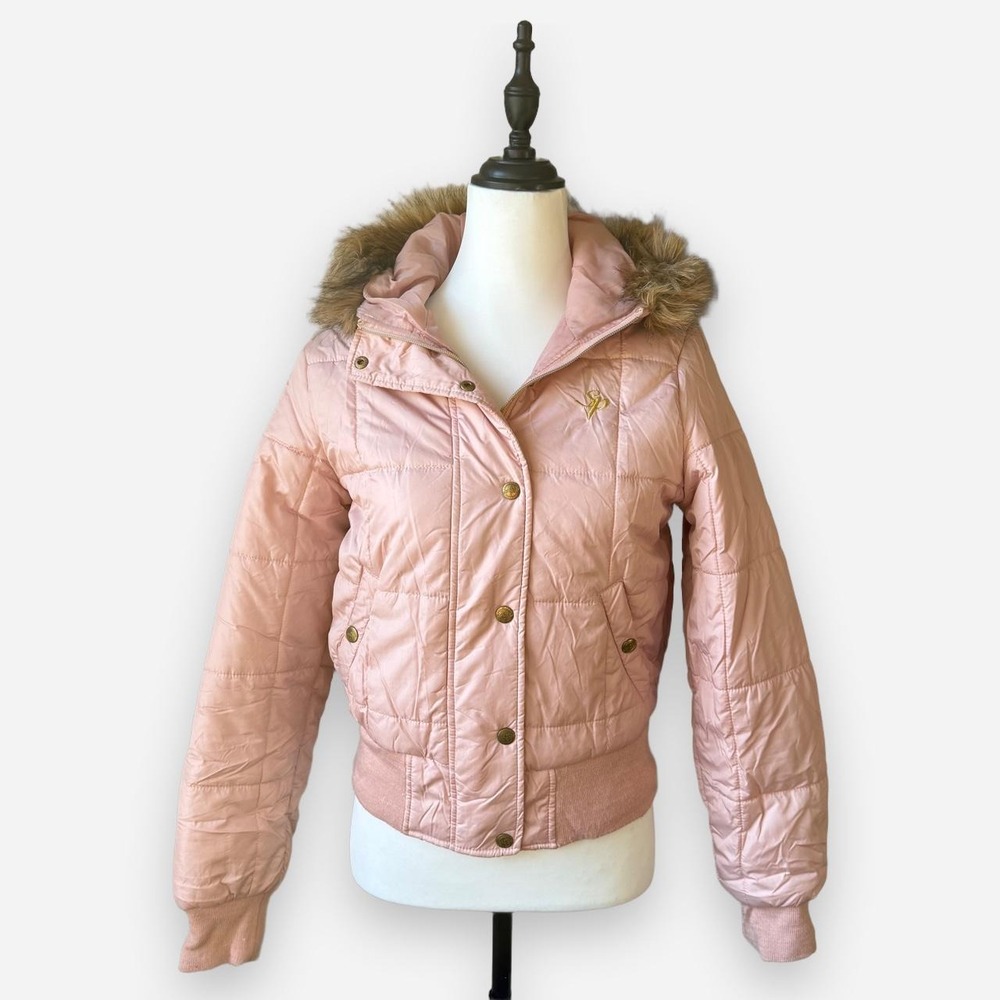 Southpole Pink Puffer Jacket Faux Fur Hood Vintage Y2K Bubble Coat Medium